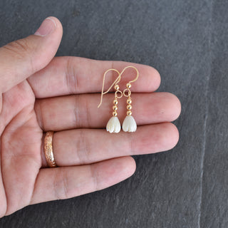 Small Mother of Pearl Pikake earrings with 3mm accent beads, featuring delicate floral design, by Yay Hawaii.