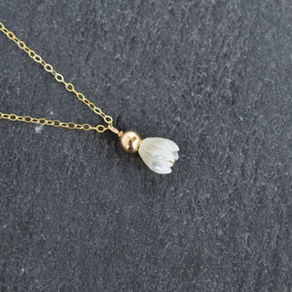 Small Mother of Pearl Pikake pendant necklace with 4mm accent bead by Yay Hawaii, featuring a delicate floral design.