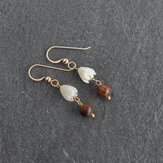 Linked small Mother of Pearl Pikake and Rosewood earrings by Yay Hawaii, featuring delicate pearl and wood design.