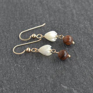 Linked small mother of pearl Pikake and rosewood earrings by Yay Hawaii, featuring floral-inspired jewelry with natural materials.