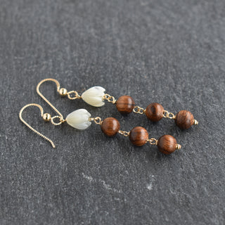 Dangling Pikake earrings with mother of pearl and triple rosewood beads, handmade jewelry by Yay Hawaii.