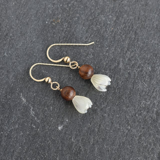 Small mother of pearl Pikake cluster earrings with rosewood from Yay Hawaii, featuring delicate flower design and natural materials.