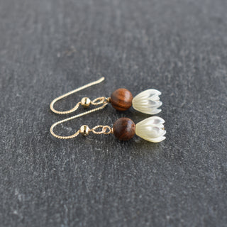 Small mother of pearl Pikake cluster earrings with rosewood accents by Yay Hawaii, featuring delicate floral design and natural materials.