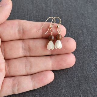 Small Mother of Pearl Pikake cluster earrings with rosewood accents by Yay Hawaii, featuring delicate floral design and elegant craftsmanship.