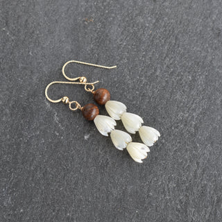 Triple small Mother of Pearl Pikake and Rosewood cluster earrings by Yay Hawaii, featuring floral and natural wood design.
