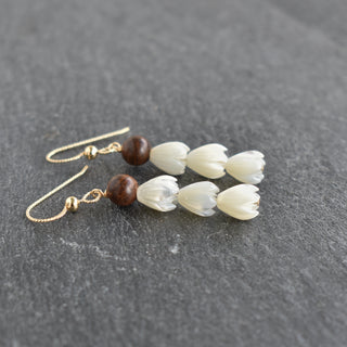 Triple small Mother of Pearl Pikake and Rosewood cluster earrings by Yay Hawaii, featuring floral and wood accents.