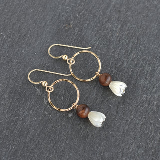 Small hoop earring from Yay Hawaii with dangling mother of pearl Pikake flower and rosewood accents.