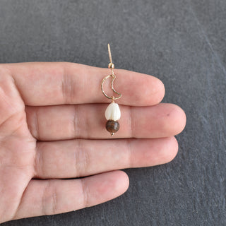 Crescent moon earrings with small mother of pearl Pikake flowers and rosewood accents, showcasing Yay Hawaii jewelry design.