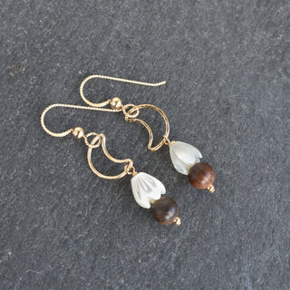 Crescent moon earrings with small mother of pearl Pikake and rosewood accents by Yay Hawaii, featuring elegant tropical-inspired jewelry.