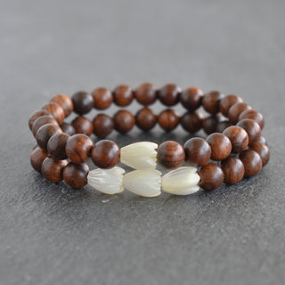 Triple MEDIUM 10mm Pikake and Rosewood Stretchy Bracelet - Yay Hawaii