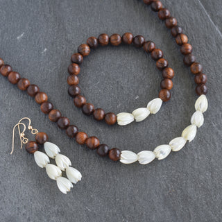 Triple MEDIUM 10mm Pikake and Rosewood Stretchy Bracelet - Yay Hawaii