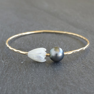 Pikake and Round Tahitian Pearl Bangle - Yay Hawaii