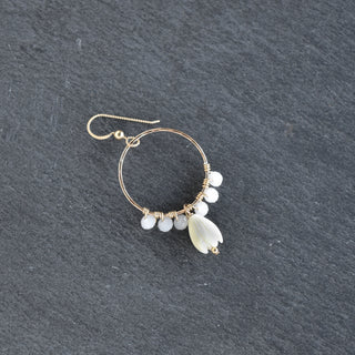 Medium hoop earrings by Yay Hawaii featuring crystal glass beads and mother of pearl Pikake accents.