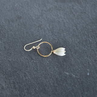 Small gold hoop earrings with medium-sized Pikake flower charms by Yay Hawaii, perfect for Hawaiian-inspired jewelry.