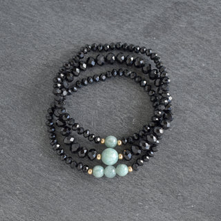 Set of Three Black Crystal Cut Glass Stretchy Bracelet with Jade - Yay Hawaii