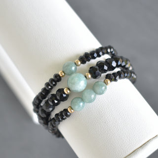 Set of Three Black Crystal Cut Glass Stretchy Bracelet with Jade - Yay Hawaii