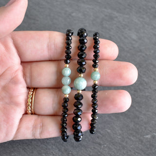 Set of Three Black Crystal Cut Glass Stretchy Bracelet with Jade - Yay Hawaii