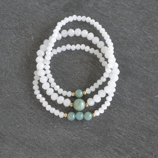 Set of Three Moonstone White Crystal Cut Glass Stretchy Bracelet with Jade - Yay Hawaii