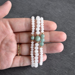 Set of Three Moonstone White Crystal Cut Glass Stretchy Bracelet with Jade - Yay Hawaii