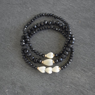 Set of Three Black Crystal Cut Glass Beads with Pikake Stretch Bracelets - Yay Hawaii