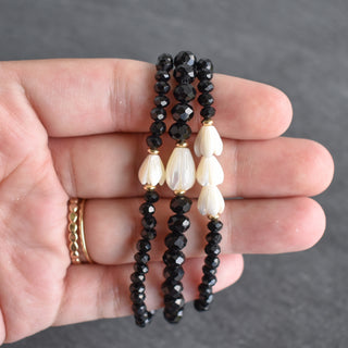 Set of Three Black Crystal Cut Glass Beads with Pikake Stretch Bracelets - Yay Hawaii