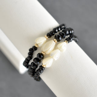 Set of Three Black Crystal Cut Glass Beads with Pikake Stretch Bracelets - Yay Hawaii