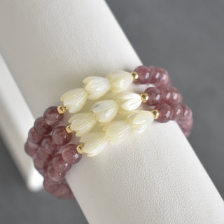 Lepidolite Stretchy Bracelet with Three Pikake - Yay Hawaii
