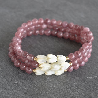 Lepidolite Stretchy Bracelet with Three Pikake - Yay Hawaii