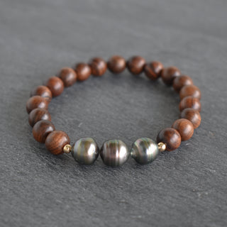 Rosewood with Three Circlé Tahitian Pearls Stretch Bracelet - Yay Hawaii