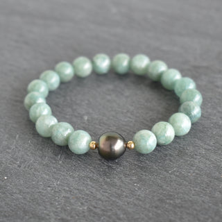 8mm Jade with Circlé Tahitian Pearl Stretch Bracelet - Yay Hawaii