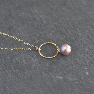 Small hoop necklace by Yay Hawaii featuring a light purple pearl pendant on a delicate chain.