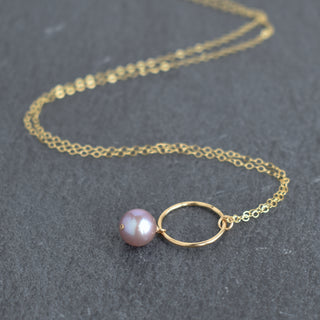 Yay Hawaii small hoop necklace with light purple pearl pendant, delicate jewelry featuring a silver hoop and pearl accent.
