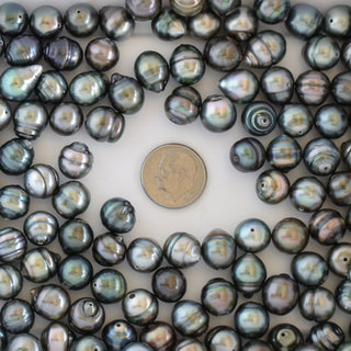 Loose drilled Tahitian pearls from Yay Hawaii, showcasing their dark lustrous surface and round shape on a neutral background.