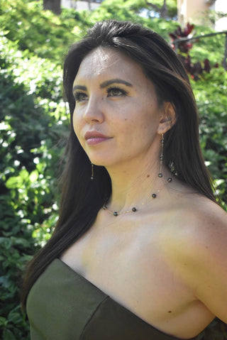 Dainty black freshwater pearl station necklace with 8mm pearls, featuring a minimalist design by Yay Hawaii.
