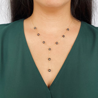 Yay Hawaii lariat Y necklace with 8mm black freshwater pearls and gold-tone chain, stylish jewelry accessory.