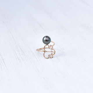 Yay Hawaii Monstera Bypass Pearl Ring featuring Tahitian or freshwater pearl and silver band with tropical leaf design