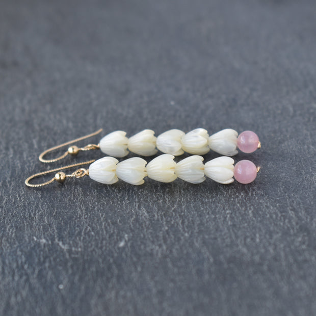 Rose Quartz and Five Pikake Cluster Earrings - Yay Hawaii