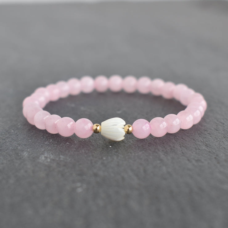 (Keiki) 6mm Rose Quartz Stretchy Bracelet - Single SMALL Pikake - Yay Hawaii