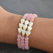 (Keiki) 6mm Rose Quartz Stretchy Bracelet - Triple SMALL Pikake - Yay Hawaii