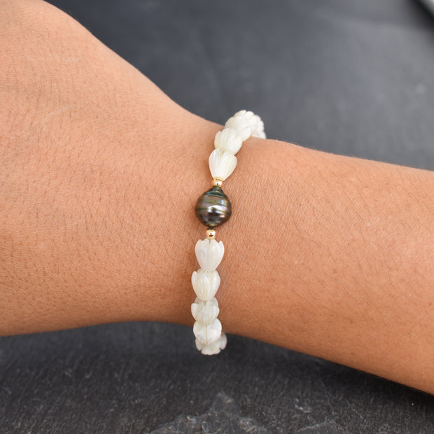 Small Pikake Stretchy Bracelet w/ One Circlé Tahitian Pearl - Adult or Child Sizes - Yay Hawaii