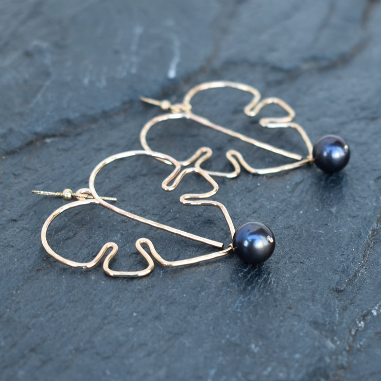 Extra Large Monstera Earrings with Black Pearls - Silver or Gold - Yay Hawaii