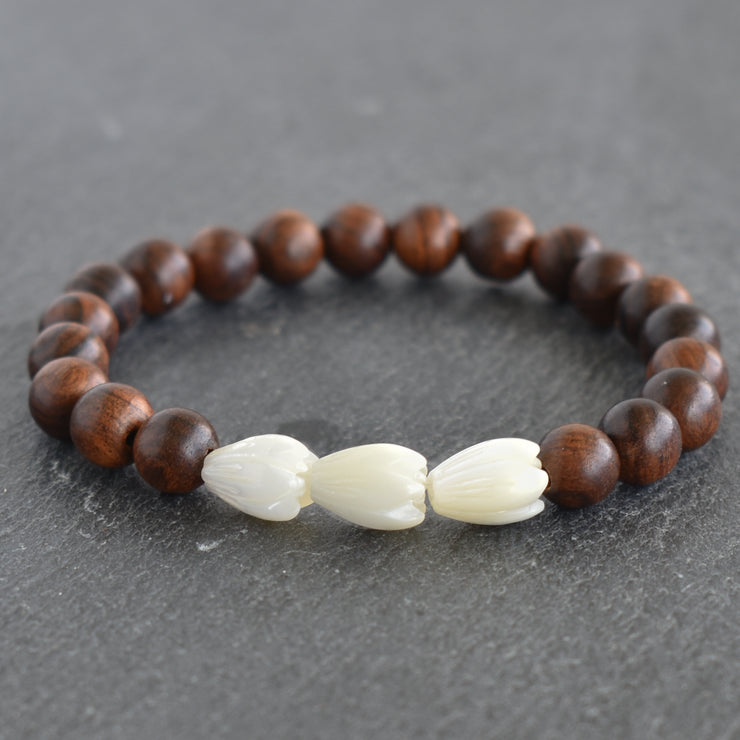 Triple MEDIUM 10mm Pikake and Rosewood Stretchy Bracelet - Yay Hawaii