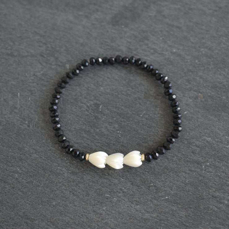 Set of Three Black Crystal Cut Glass Beads with Pikake Stretch Bracelets - Yay Hawaii