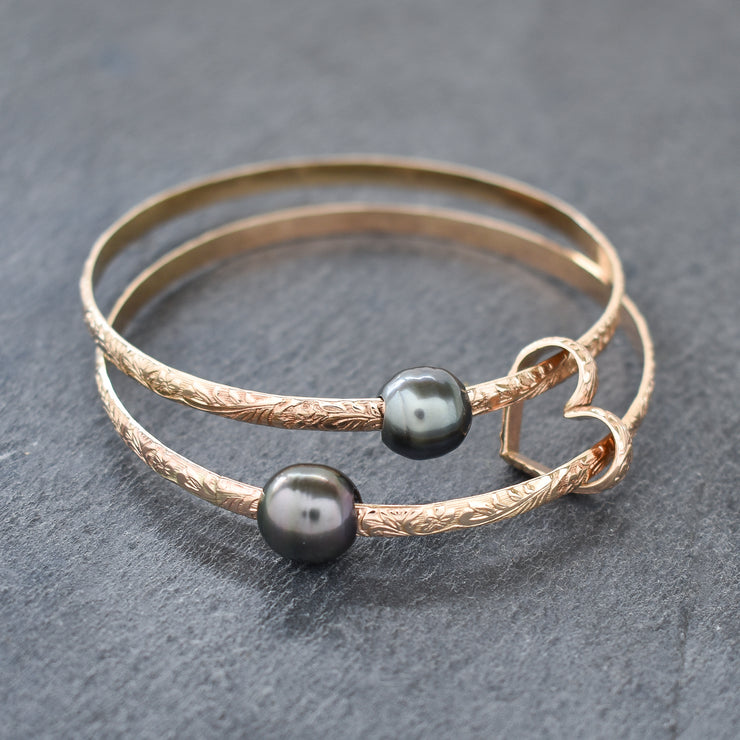 4mm Hawaiian Heirloom Style Bangle Heart Set with Tahitian Pearls - Yay Hawaii