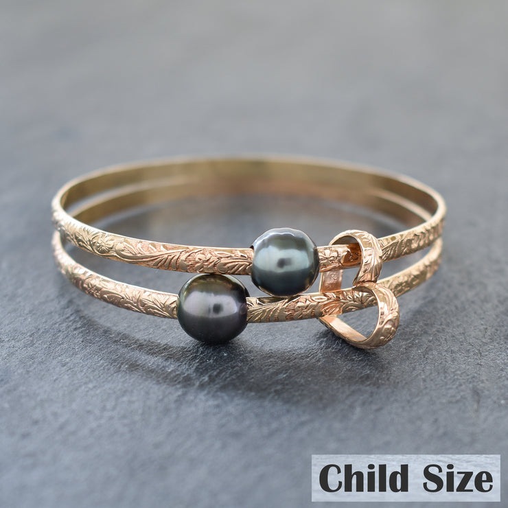 4mm Hawaiian Heirloom Style Bangle Heart Set with Tahitian Pearls - Yay Hawaii