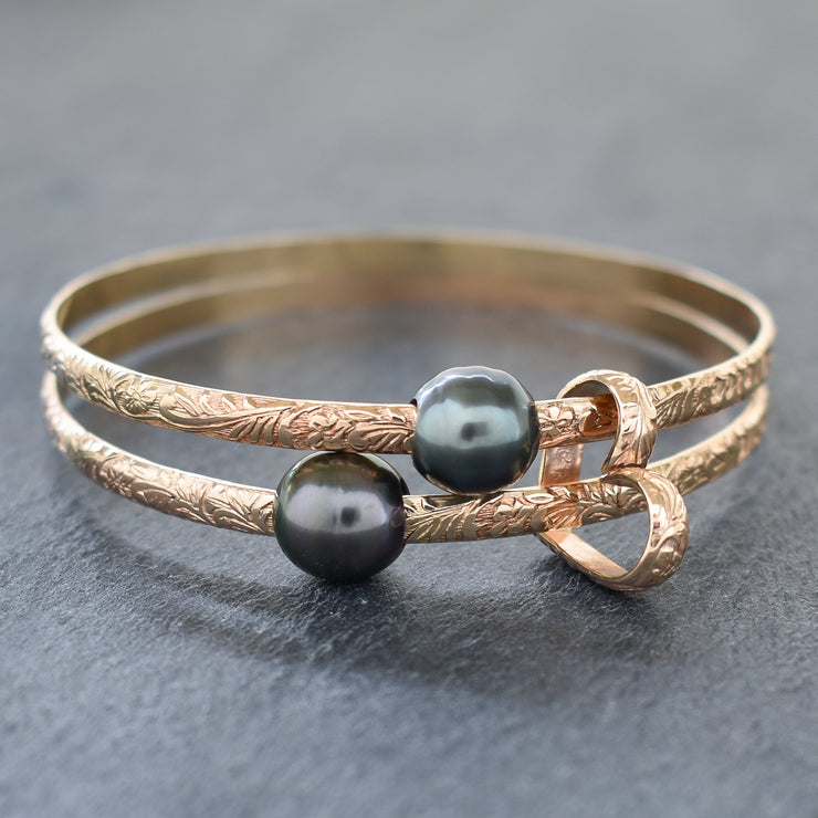 4mm Hawaiian Heirloom Style Bangle Heart Set with Tahitian Pearls - Yay Hawaii