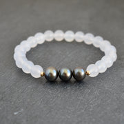 8mm White Agate Stretchy Bracelet - Triple Freshwater Pearl - Yay Hawaii