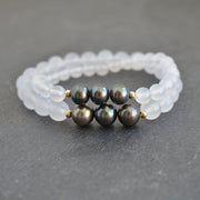 8mm White Agate Stretchy Bracelet - Triple Freshwater Pearl - Yay Hawaii