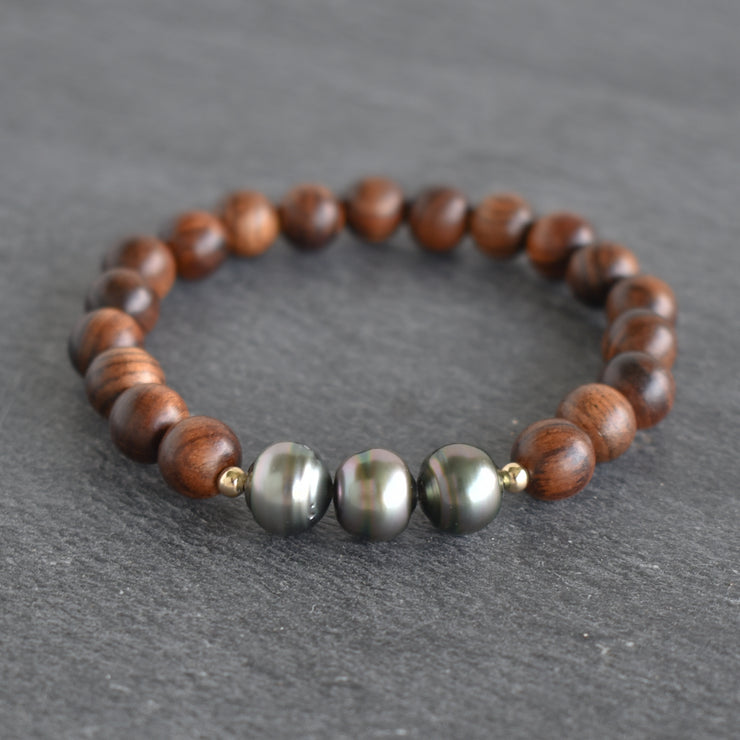 Rosewood with Three Circlé Tahitian Pearls Stretch Bracelet - Yay Hawaii
