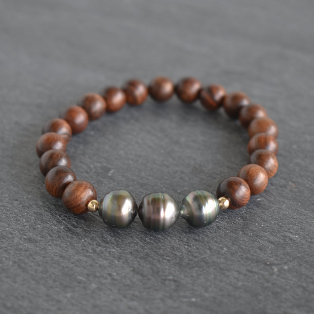 Rosewood with Three Circlé Tahitian Pearls Stretch Bracelet - Yay Hawaii